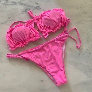 Medium Ruched Bikini Set Frill Trim Tie Back Bandeau Top&Tie Side Bottom